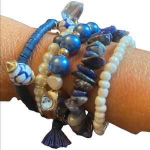5 Piece Bracelet Set of Blue, White and Silver Tone Bracelets